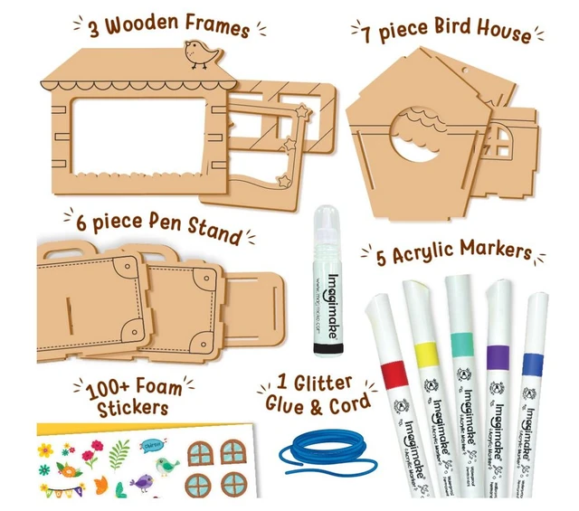 Imagimake DIY Wood Art Mega Pack - Make 3 Photo Frames, Pen Stand & Bird House | Painting & Colouring Craft Kit for Kids 5+ Years Delivery Time: 2-3Days