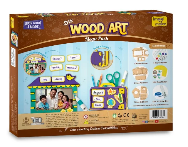 Imagimake DIY Wood Art Mega Pack - Make 3 Photo Frames, Pen Stand & Bird House | Painting & Colouring Craft Kit for Kids 5+ Years Delivery Time: 2-3Days
