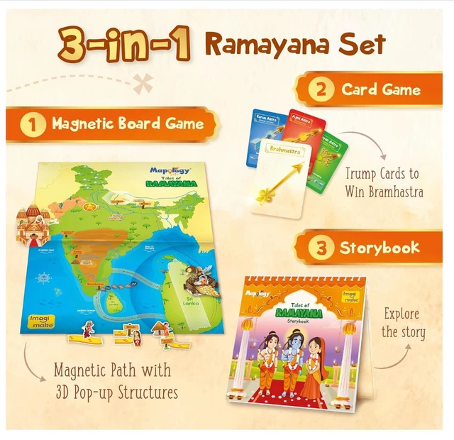 Imagimake Mapology Tales of Ramayana - 3-in-1 Family Board Game with Magnetic Puzzle, Storybook & Trump Cards for Kids 6+ Years Delivery Time: 2-3Days