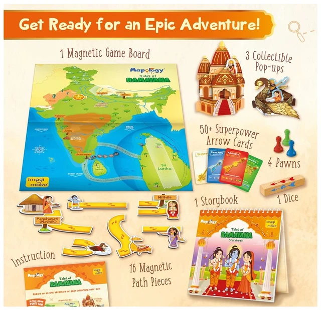Imagimake Mapology Tales of Ramayana - 3-in-1 Family Board Game with Magnetic Puzzle, Storybook & Trump Cards for Kids 6+ Years Delivery Time: 2-3Days