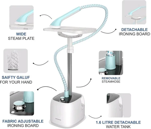 SWISSBORO Swissboro Plutus Garment Steamer 1.6L Water Tank 2000W Powerful with 35g/min Steam 45 Sec 2000 W Garment Steamer (White, Grey, Blue)