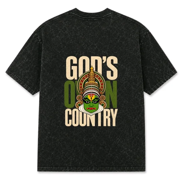 God's Own Country Premium Oversized Acid Wash T-Shirt – Kerala Kathakali Graphic | Unisex 100% Cotton Neon Print Tee