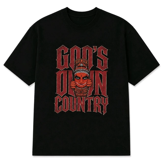 God's Own Country Graphic Oversized Black T-Shirt | Premium Kerala Kathakali Print | Unisex Cotton Tee
