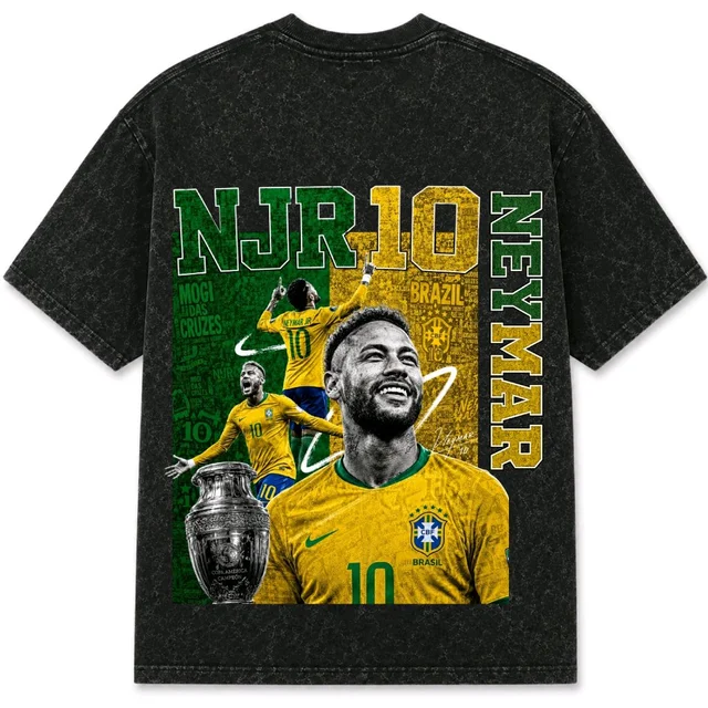 NJR10 Custom Printed Acid Wash Oversized T-Shirt – Neon Night Glow Front Print & Neymar Back Print | Premium Cotton Graphic Tee