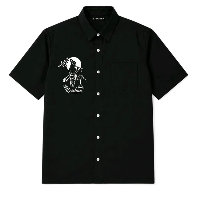 Custom Krishna Neon Print Half Sleeve Shirt | Black Casual Shirt for Men | SKIYEX