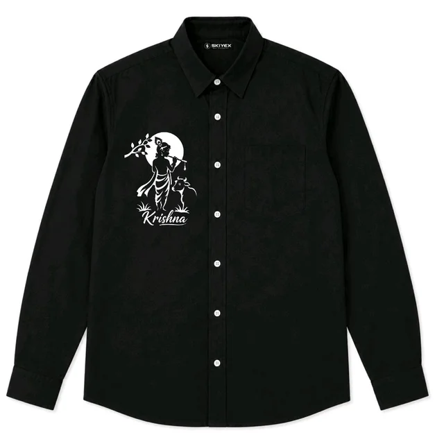 Custom Krishna Neon Print Full Sleeve Shirt | Black Casual Shirt for Men | SKIYEX