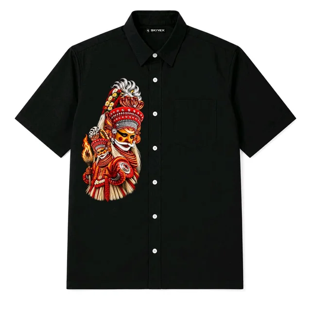 Muthappan Theyyam Costume Printing Five Sleeve Shirt | Kerala Traditional DTF Print Black Shirt