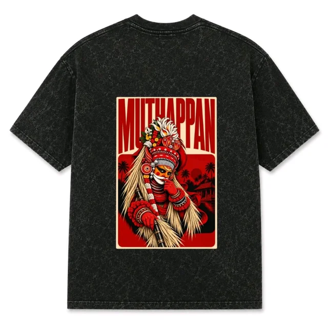 Muthappan Theyyam Costume Printing Five Sleeve Acid Wash T-Shirt | Kerala Theyyam Graphic Print Shirt