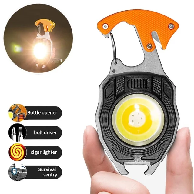 Rechargeable Keychain LED Flashlight – 7 Mode COB Light with Lighter, Whistle, Bottle Opener, Magnet Base – Mini Multi-Tool for Outdoor, Emergency, Camping & Hiking
