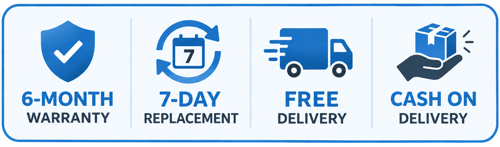 6-month warranty, 7-day replacement, free delivery and cash on delivery