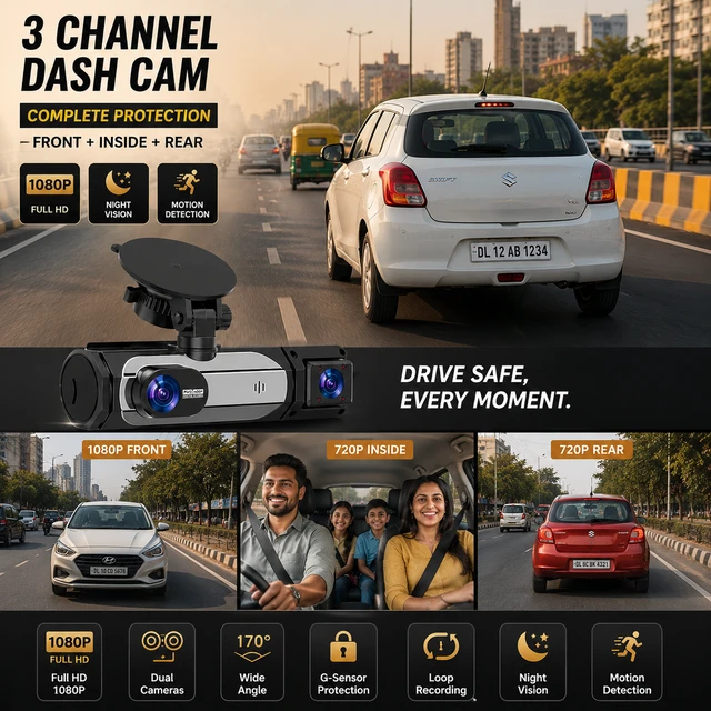 S-3 ULTRA 3-Lens Dash Cam 1080P Full HD Car Camera | Front Rear Inside Recording Night Vision App Control Built-in Mic 6 Months Warranty
