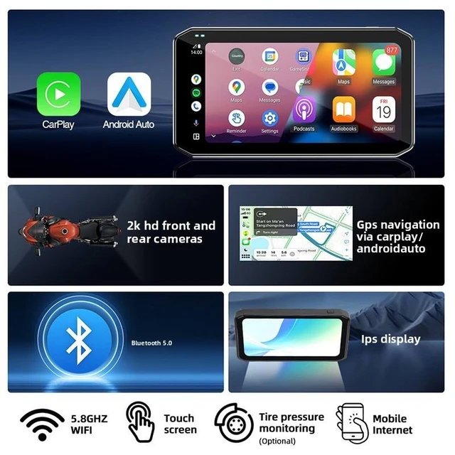New 625-inch Motorcycle Dash Cam Handlebar-Mounted Front Rear Dual Lens CarPlay Smart In-Vehicle System 2K HD Night Vision BSD