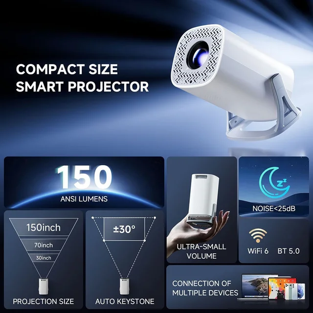 Pro Smart Mini Projector Android 14 WiFi 6 for HD Home Theater