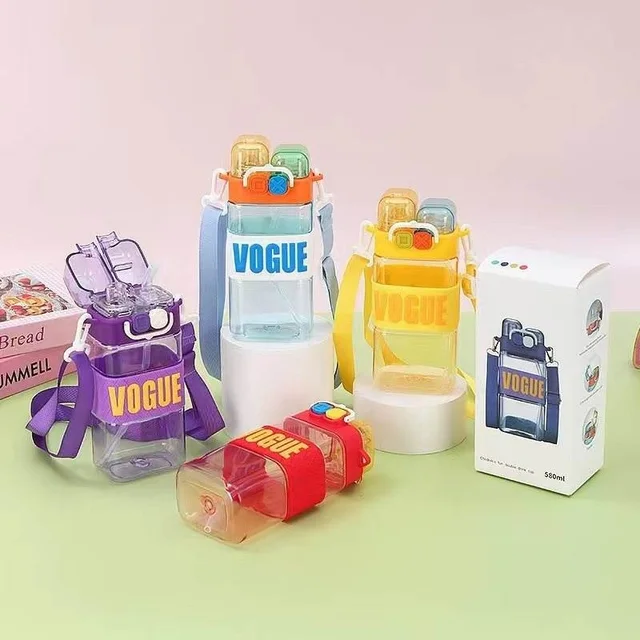 Children's PC Material Portable Lanyard Double Drinking Water Cup with Cute Cartoon Design for School Bottle Drinkware