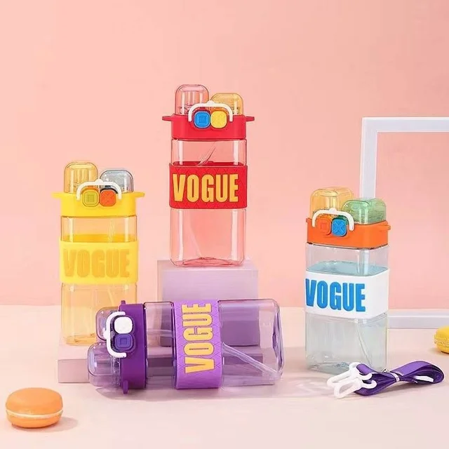 Children's PC Material Portable Lanyard Double Drinking Water Cup with Cute Cartoon Design for School Bottle Drinkware