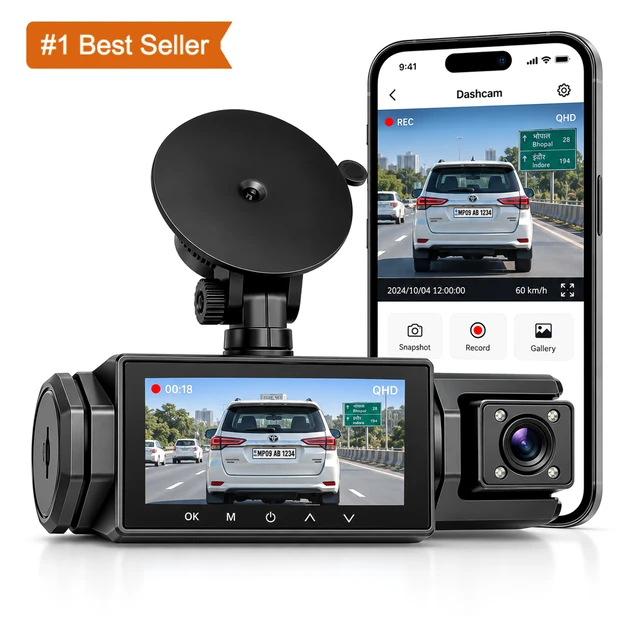 S-3 ULTRA 3-Lens 1080P Full HD Dash Cam | Front, Rear & Cabin Recording | Night Vision | App Control | Built-in Mic