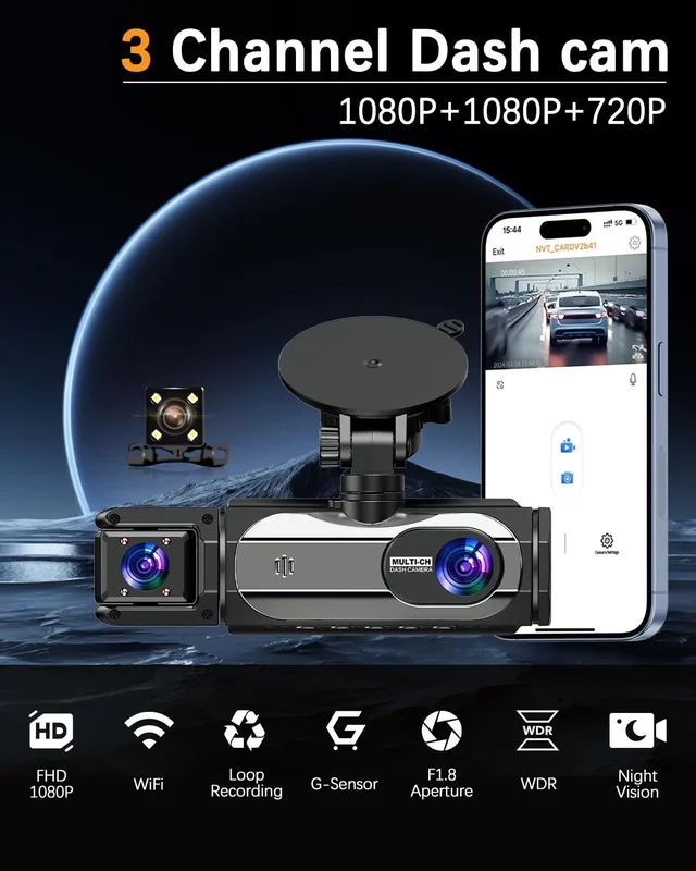 S-3 ULTRA 3-Lens 1080P Full HD Dash Cam | Front, Rear & Cabin Recording | Night Vision | App Control | Built-in Mic