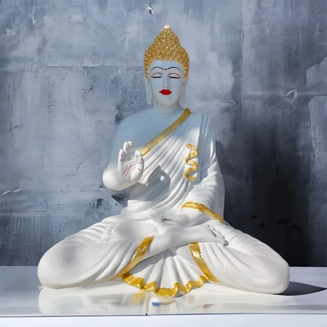 Resin Home Decor Buddha Idol For Living Room (Size:15 Inches) (Golden White)