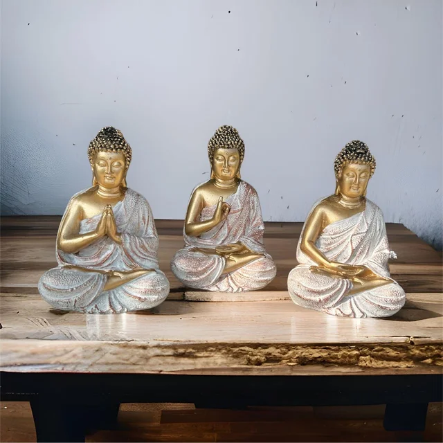 Buddha Showpiece Idol for Home Decor (Set of 3) (Ivory Gold, Free Size)