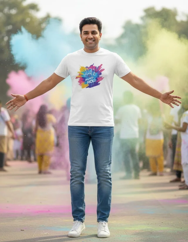 India Marketto Happy Holi Printed White T-Shirt forMan & Women | Color Splash Festival Special Casual Wear - White, m