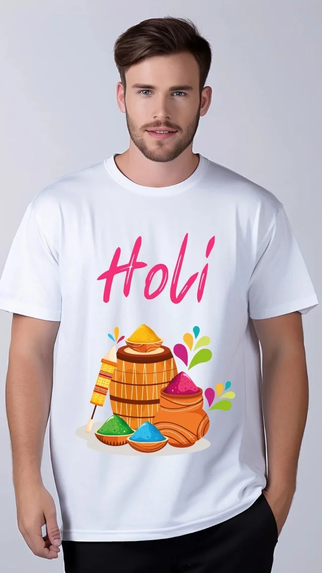 Holi Men’s Printed Round Neck Poly Cotton White T-Shirt