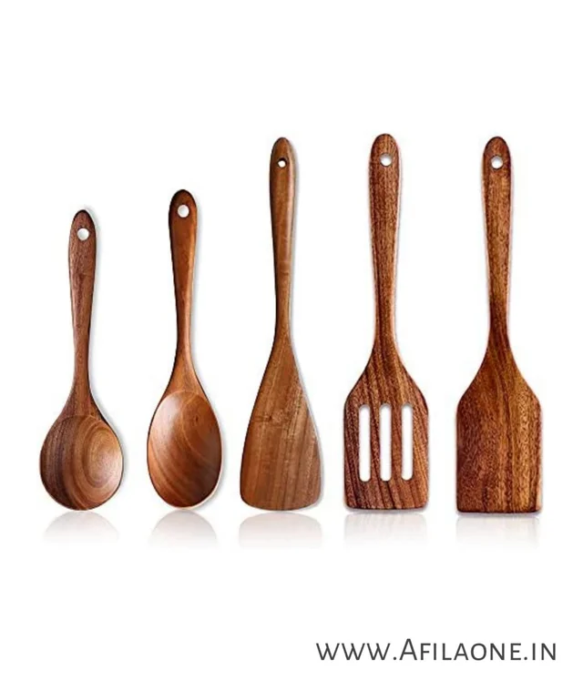 Wooden Cooking Spoons( Set of 5) Non-Stick Serving and Cooking Spoon Kitchen Tools Utensil, - Bourbon