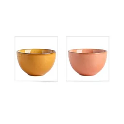 Ceramic Striped Bowls,450ml, Set of 1, Mustard Yellow and Off White