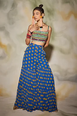 Blue Cotton Silk Cape And Printed Gharara Set - M