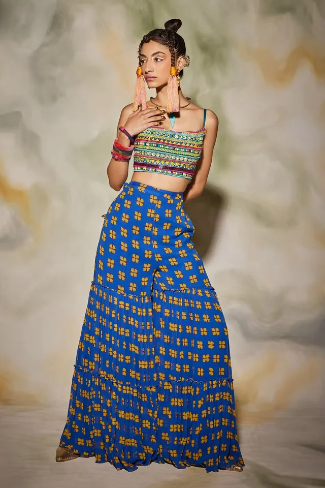 Blue Cotton Silk Cape And Printed Gharara Set - M
