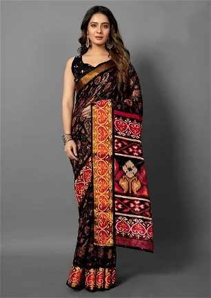 Premium Tanza Cotton Printed Saree With Blouse - Black