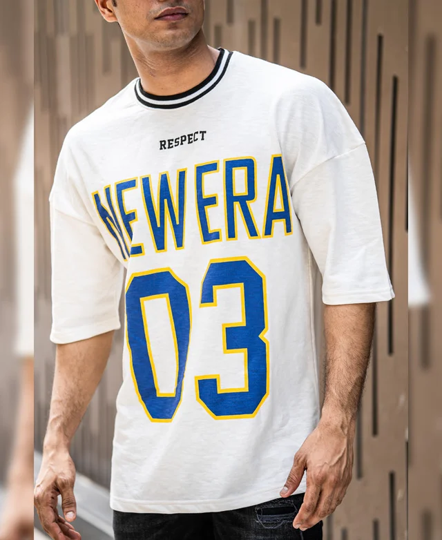 New Era 03 Printed Oversize Drop Shoulder White T Shirt