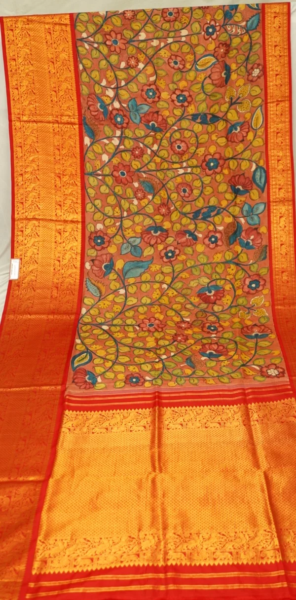 KALAMKARI HAND PAINTED KANCHI BIG BORDER FLORAL SAREE -KHPPPKBBFS009