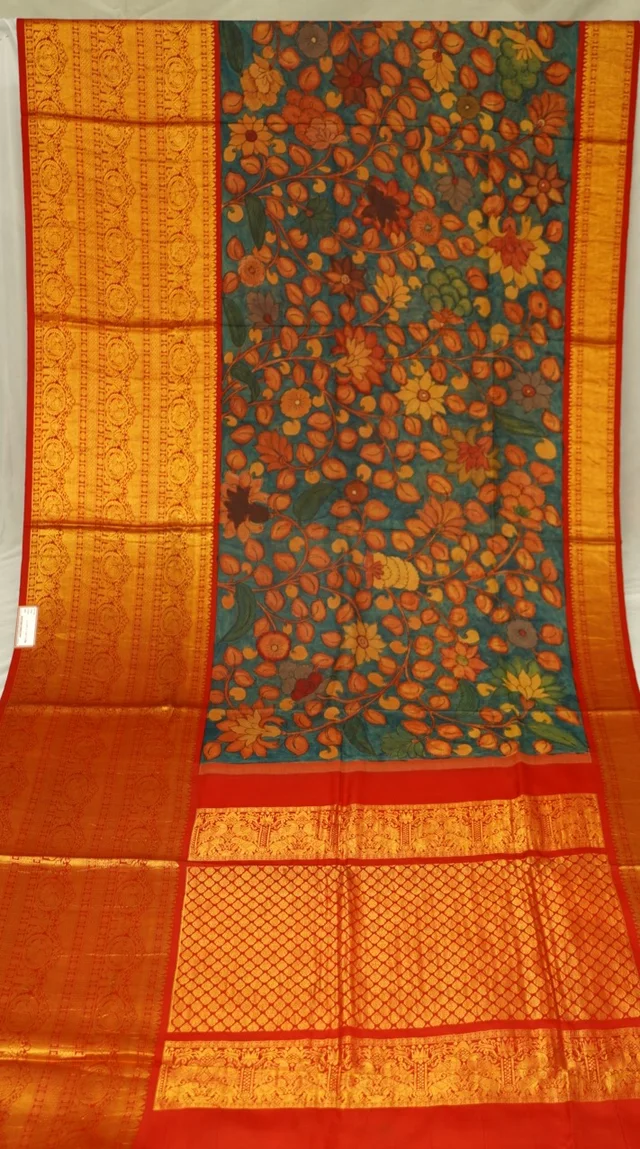 KALAMKARI HAND PAINTED KANCHI BIG BORDER FLORAL SAREE -KHPPPKBBFS014