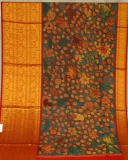 KALAMKARI HAND PAINTED KANCHI BIG BORDER FLORAL SAREE -KHPPPKBBFS014