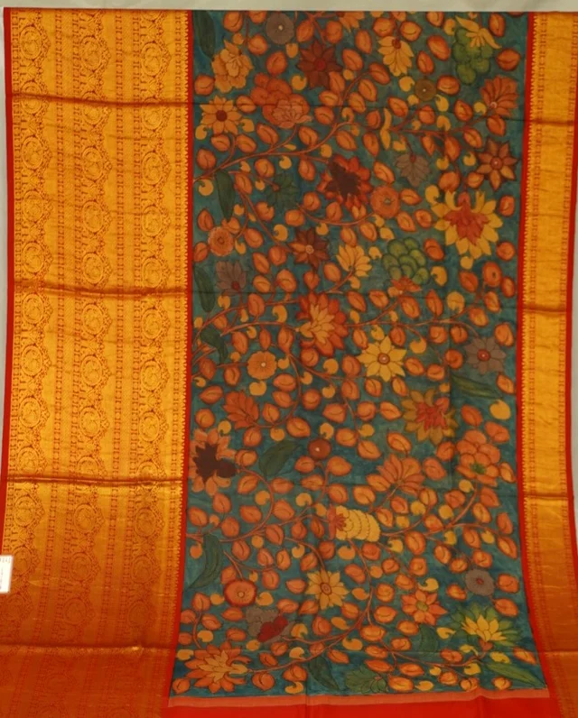 KALAMKARI HAND PAINTED KANCHI BIG BORDER FLORAL SAREE -KHPPPKBBFS014
