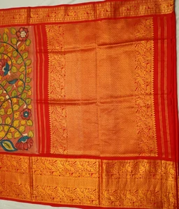 KALAMKARI HAND PAINTED KANCHI BIG BORDER FLORAL SAREE -KHPPPKBBFS009