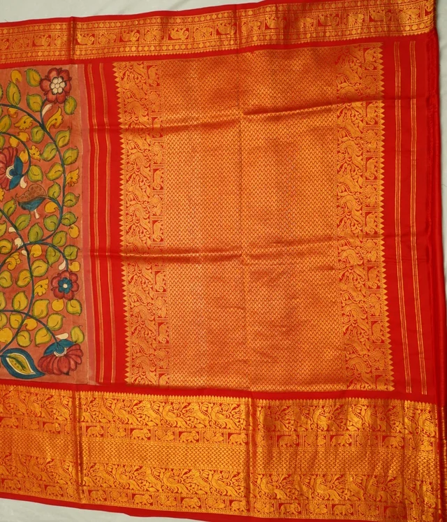 KALAMKARI HAND PAINTED KANCHI BIG BORDER FLORAL SAREE -KHPPPKBBFS009