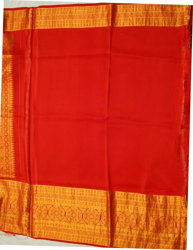 KALAMKARI HAND PAINTED KANCHI BIG BORDER FLORAL SAREE -KHPPPKBBFS009