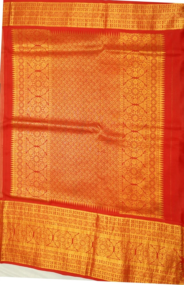 KALAMKARI HAND PAINTED KANCHI BIG BORDER FLORAL SAREE -KHPPPKBBFS014