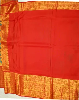 KALAMKARI HAND PAINTED KANCHI BIG BORDER FLORAL SAREE -KHPPPKBBFS014