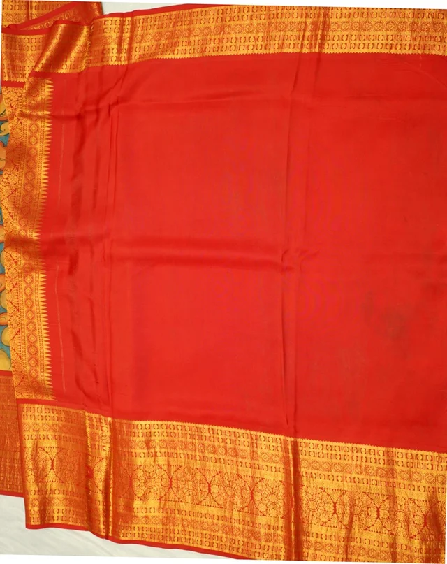KALAMKARI HAND PAINTED KANCHI BIG BORDER FLORAL SAREE -KHPPPKBBFS014