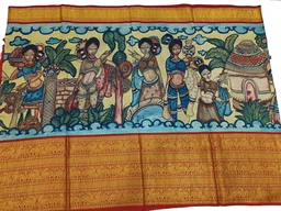 KALAMKARI HAND PAINTED KANCHI BORDER STORY SAREE - KHPKBSS002