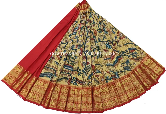 KALAMKARI HAND PAINTED FLORAL LEHENGA -KHPFL006 - UNSTITCHED