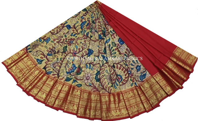 KALAMKARI HAND PAINTED FLORAL LEHENGA -KHPFL014 - UNSTITCHED