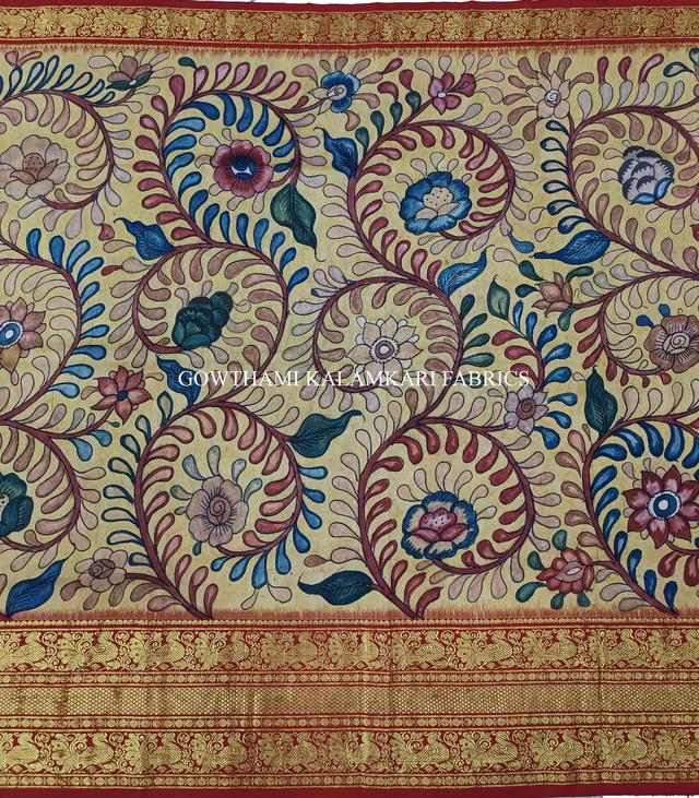 KALAMKARI HAND PAINTED FLORAL LEHENGA -KHPFL014 - UNSTITCHED
