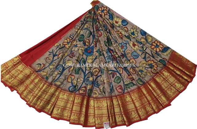 KALAMKARI HAND PAINTED FLORAL LEHENGA -KHPFL017 - UNSTITCHED
