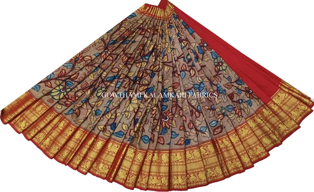 KALAMKARI HAND PAINTED FLORAL LEHENGA -KHPFL023 - UNSTITCHED