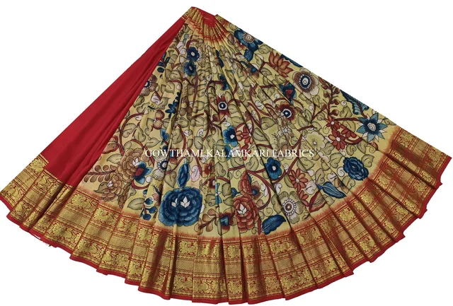 KALAMKARI HAND PAINTED FLORAL LEHENGA -KHPFL024 - UNSTITCHED