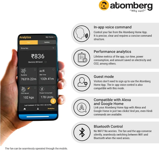 Atomberg atomberg Studio Smart+ 1200mm BLDC Motor 5 Star Rated Ceiling Fan with IoT and Remote | Smart Fan with LED Indicators | High Air Delivery | Saves Upto 65% Energy | 2+1 Year Warranty (Earth Brown) - Earth Brown