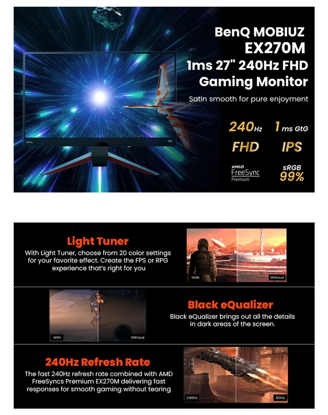 BenQ MOBIUZ EX270M 27"(68cm) HDR IPS 240Hz Gaming Monitor - Metalic Gray